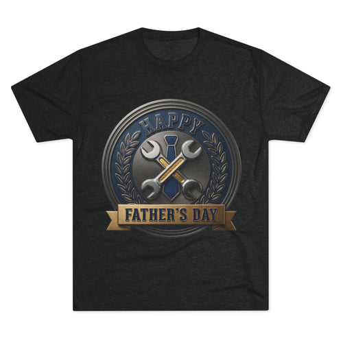 Father's Day Mechanics Badge Tee — Happy Father's Day Wrench & Hammer Crew Shirt