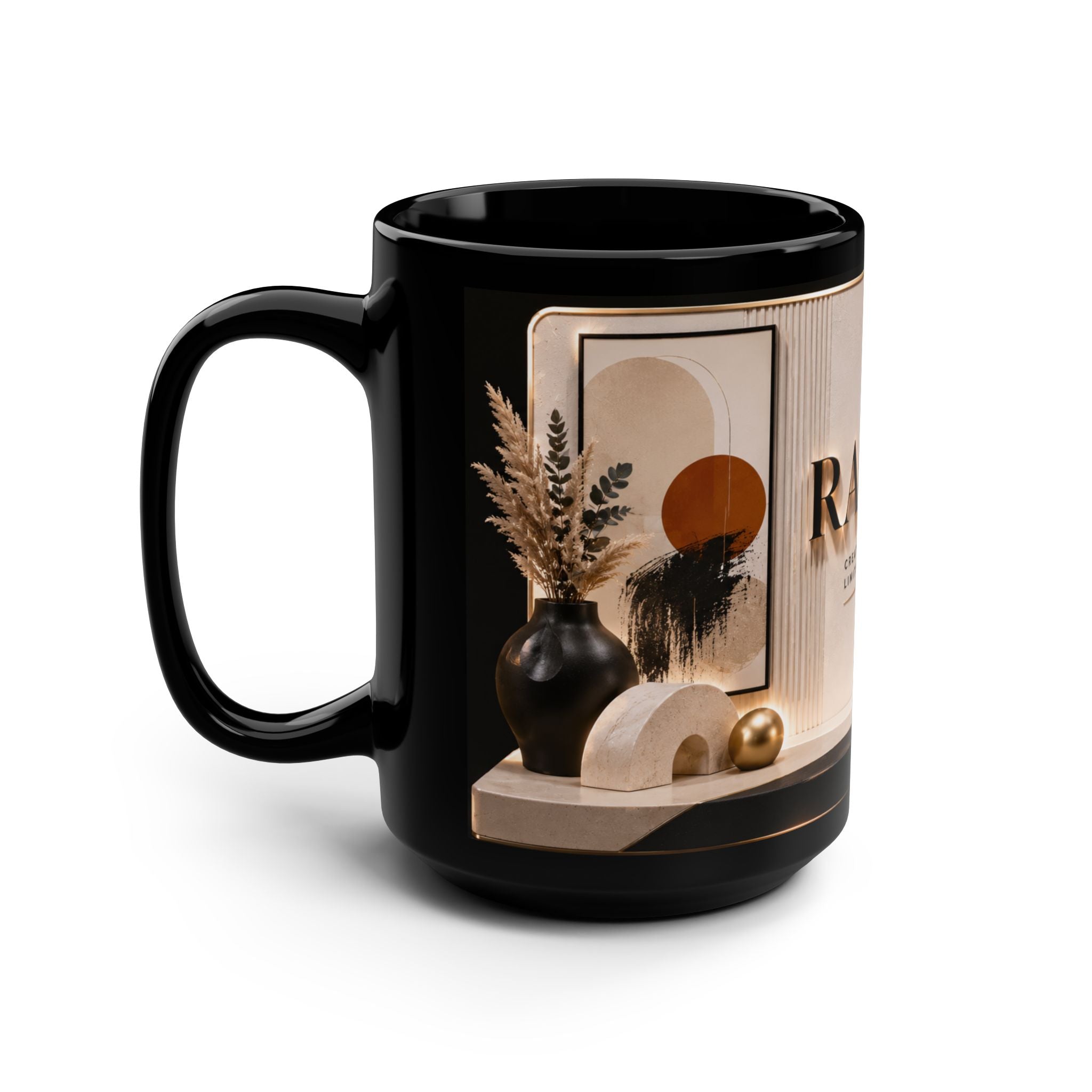Personalized Black 15oz Mug — 'Rachel' Gold Monogram, Elegant Office Gift