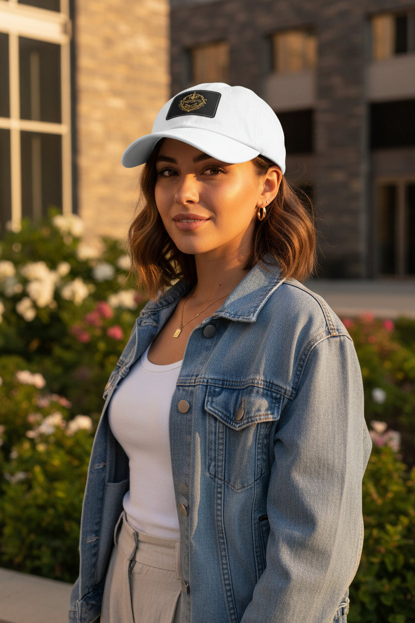 Dad Hat — Vintage Gold Crest Leather Patch Cap