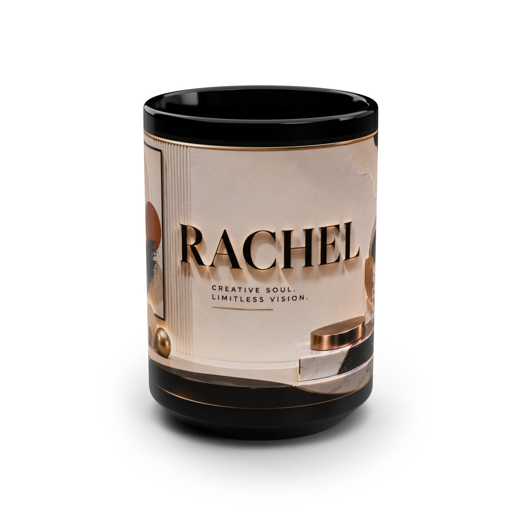 Personalized Black 15oz Mug — 'Rachel' Gold Monogram, Elegant Office Gift