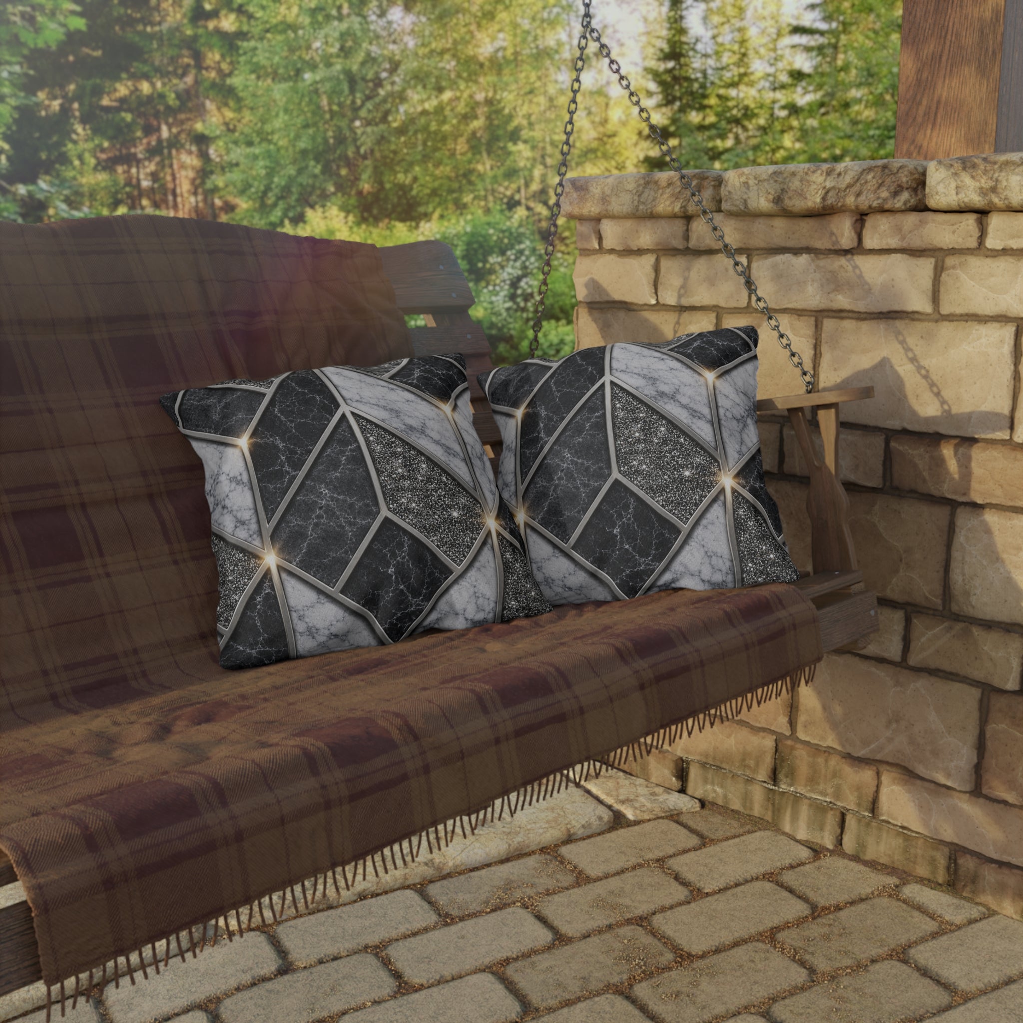 Geometric Marble Outdoor Pillow — Gray Stone Mosaic Accent Cushion