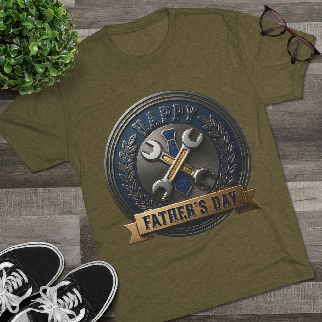 Father's Day Mechanics Badge Tee — Happy Father's Day Wrench & Hammer Crew Shirt