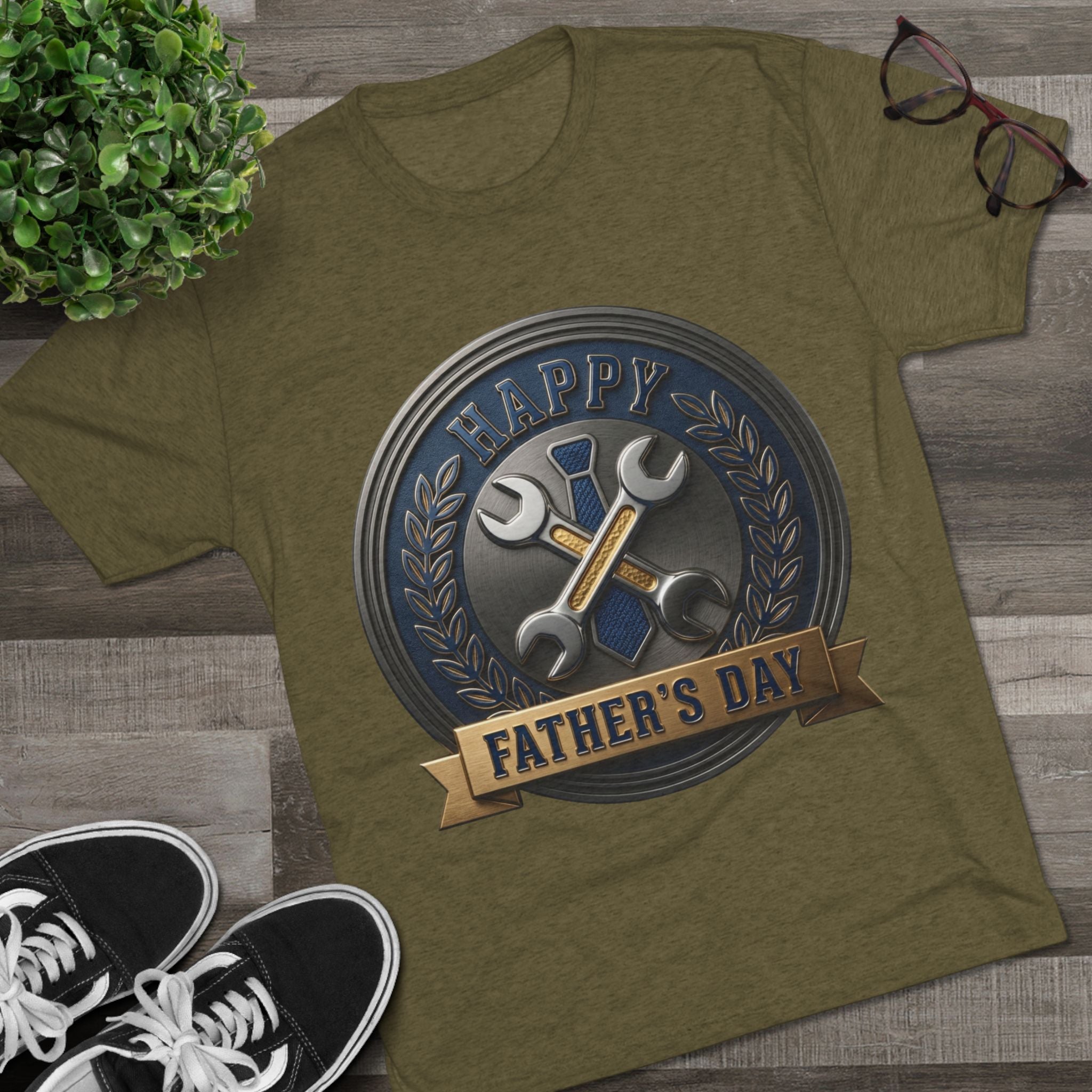 Father's Day Mechanics Badge Tee — Happy Father's Day Wrench & Hammer Crew Shirt