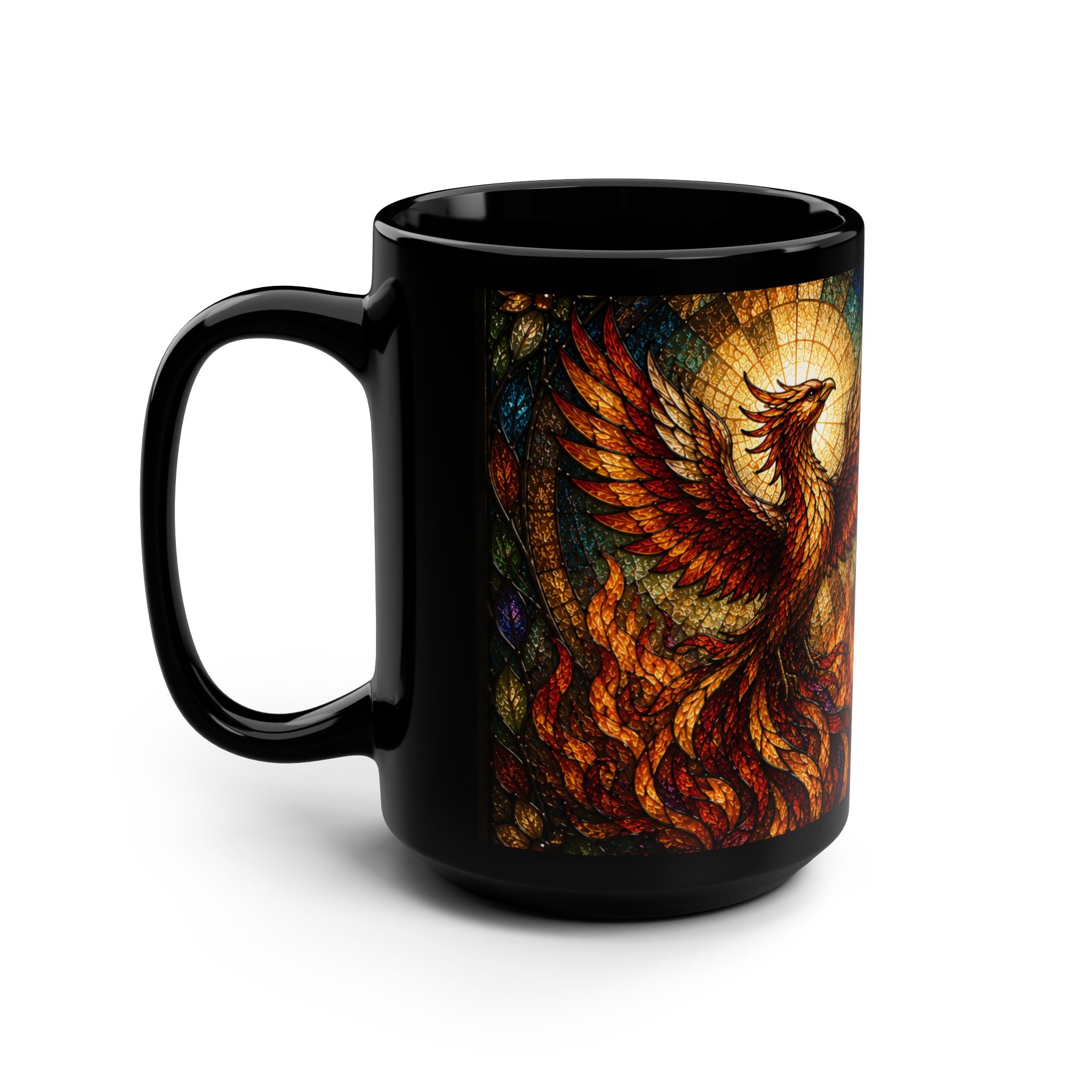 Rising Phoenix Faith Mug — Stained Glass 15oz Black Ceramic ✨