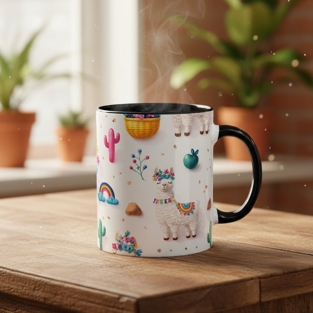 Cute Llama Pattern Accent Coffee Mug (11/15oz) – Colorful Fiesta Alpaca Design