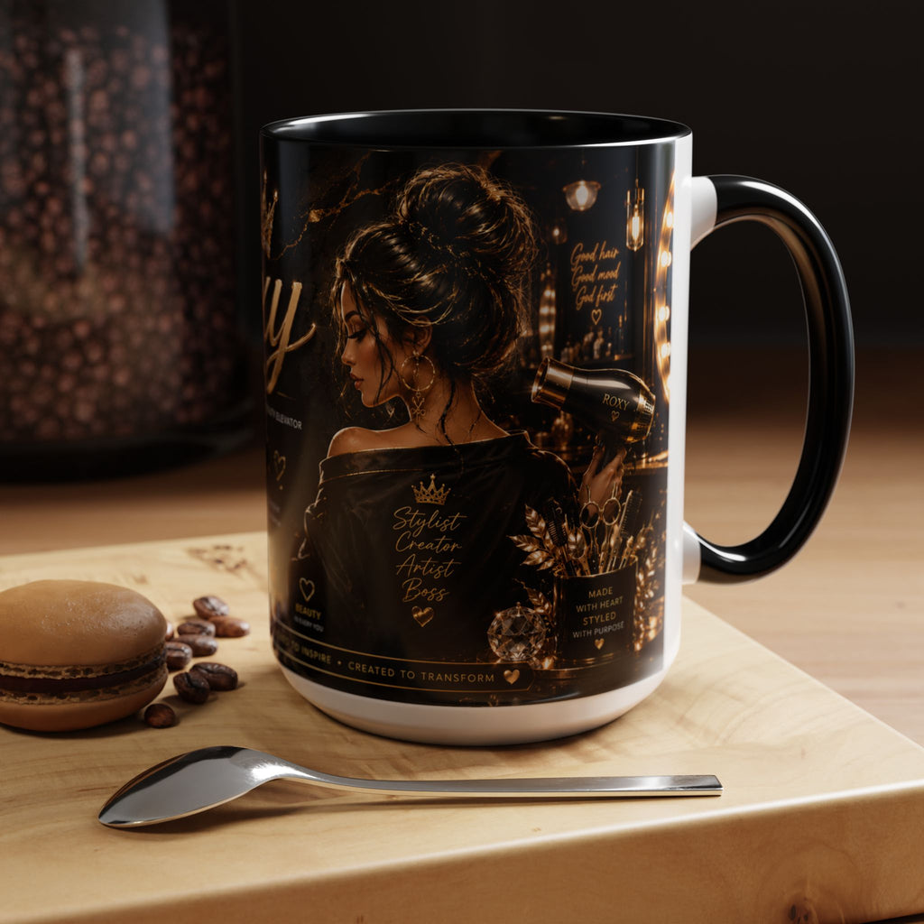 Personalized 'Roxy' Crown Coffee Mug — Elegant Black Gold Portrait Accent Mug (11/15oz)