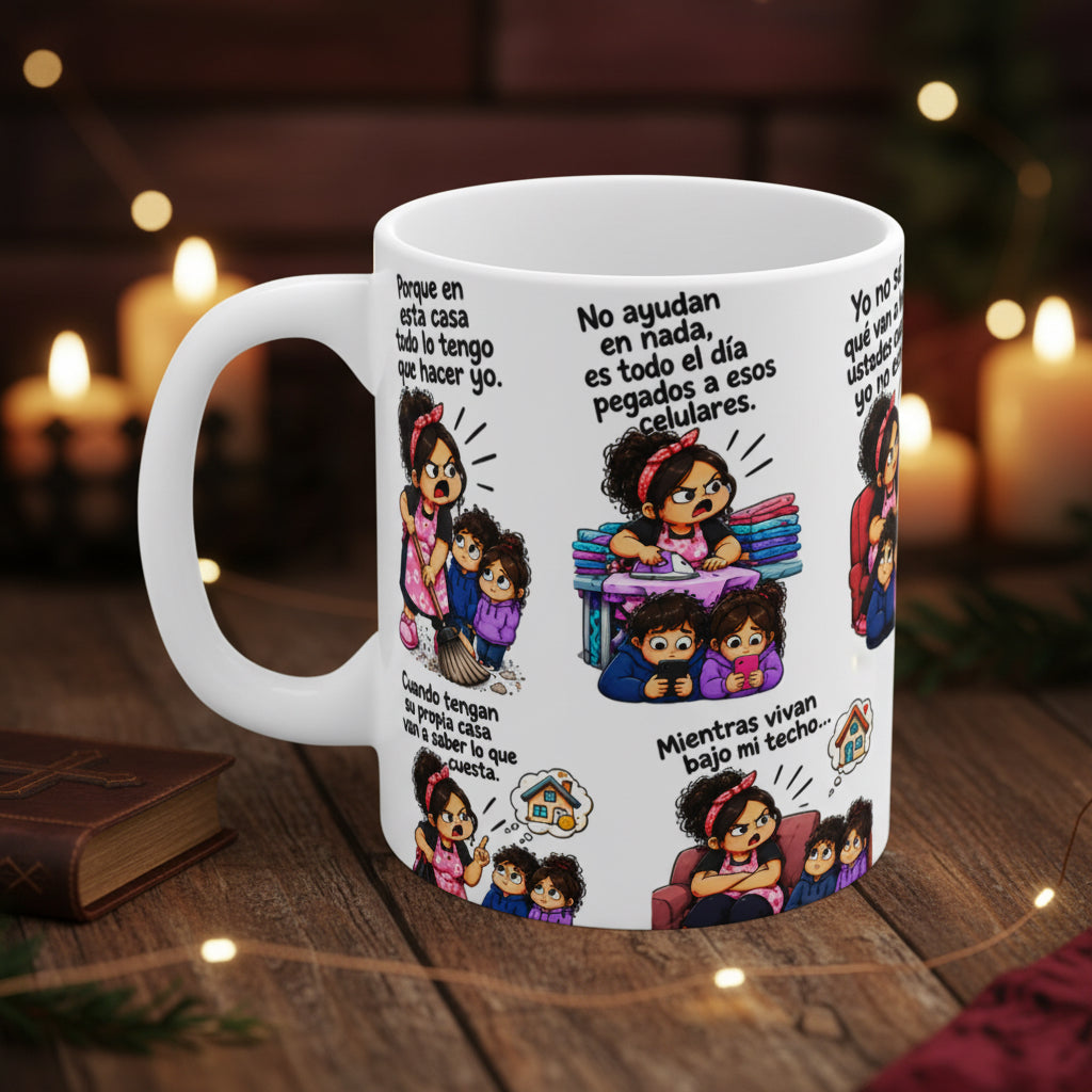 Mami Latina Meme Mug – Spanish Mom Life Comic Strip Coffee Cup 11 oz | Funny Gift for Mom