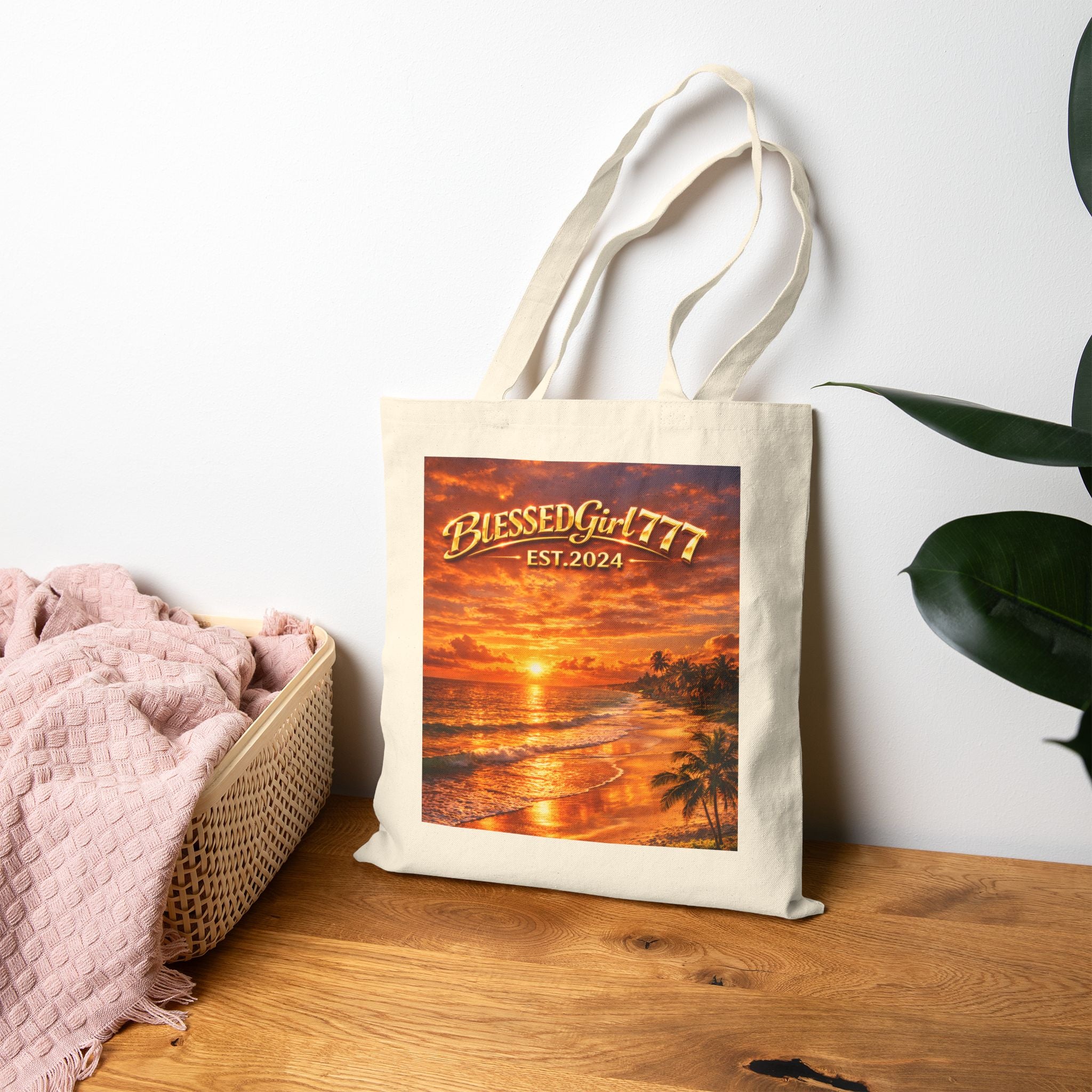 Sunset Beach Tote - "BLESSEDGirl777 EST.2024" Cotton Canvas Bag
