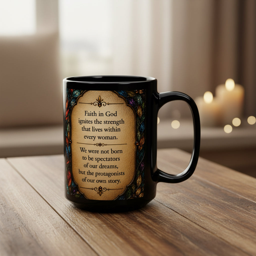 Rising Phoenix Faith Mug — Stained Glass 15oz Black Ceramic ✨