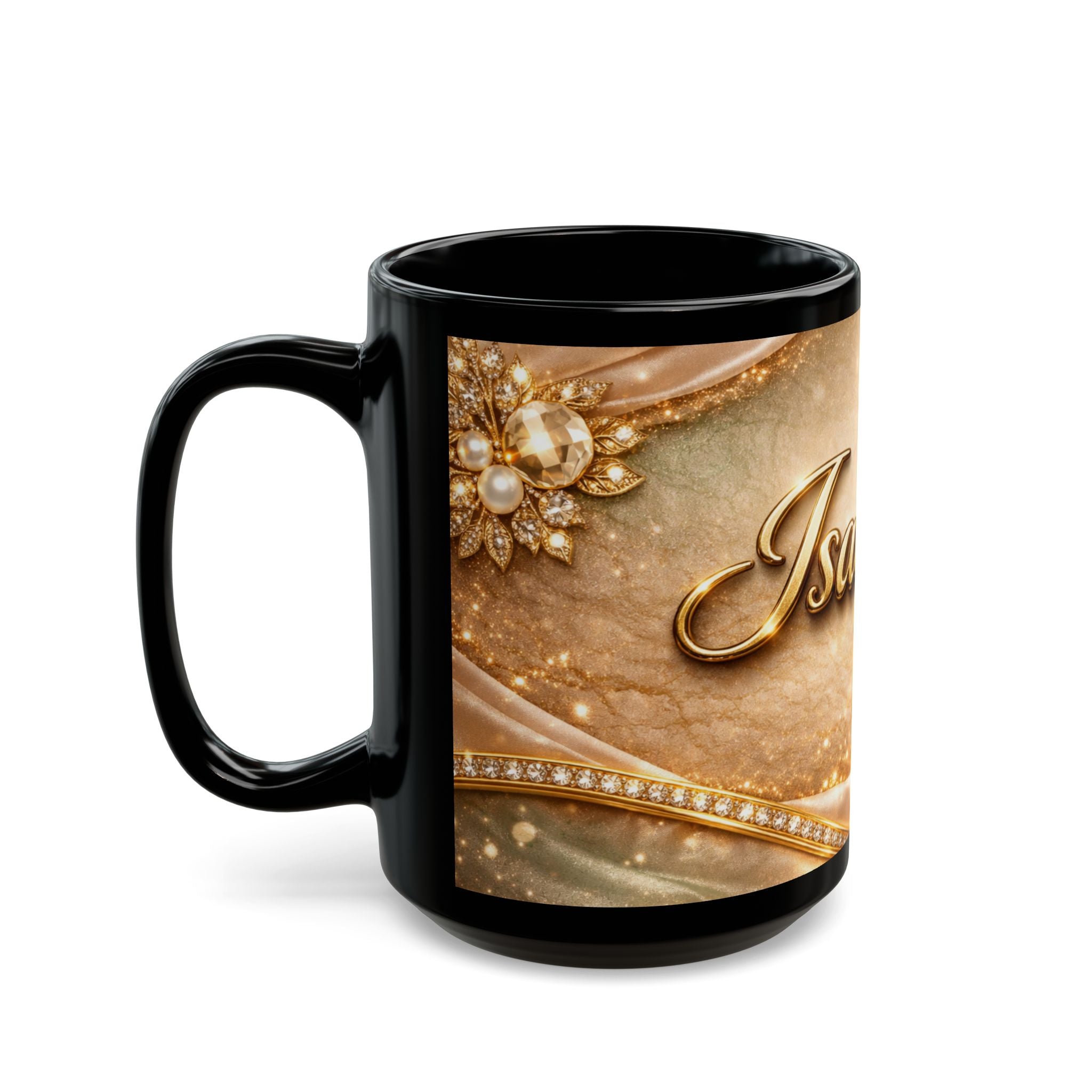 Personalized Gold Name Mug — "Isabella" Elegant Black Ceramic Coffee Cup