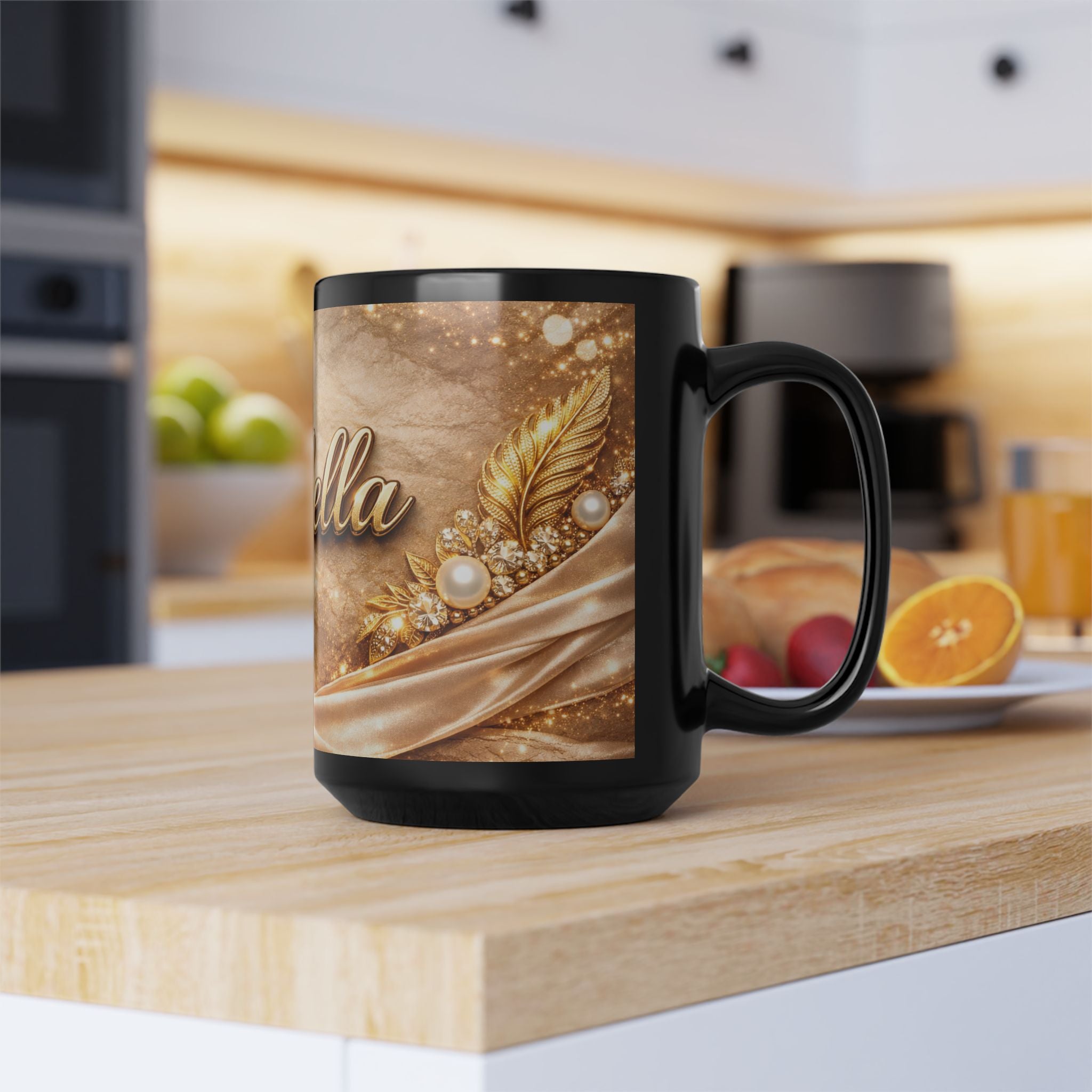 Personalized Gold Name Mug — "Isabella" Elegant Black Ceramic Coffee Cup
