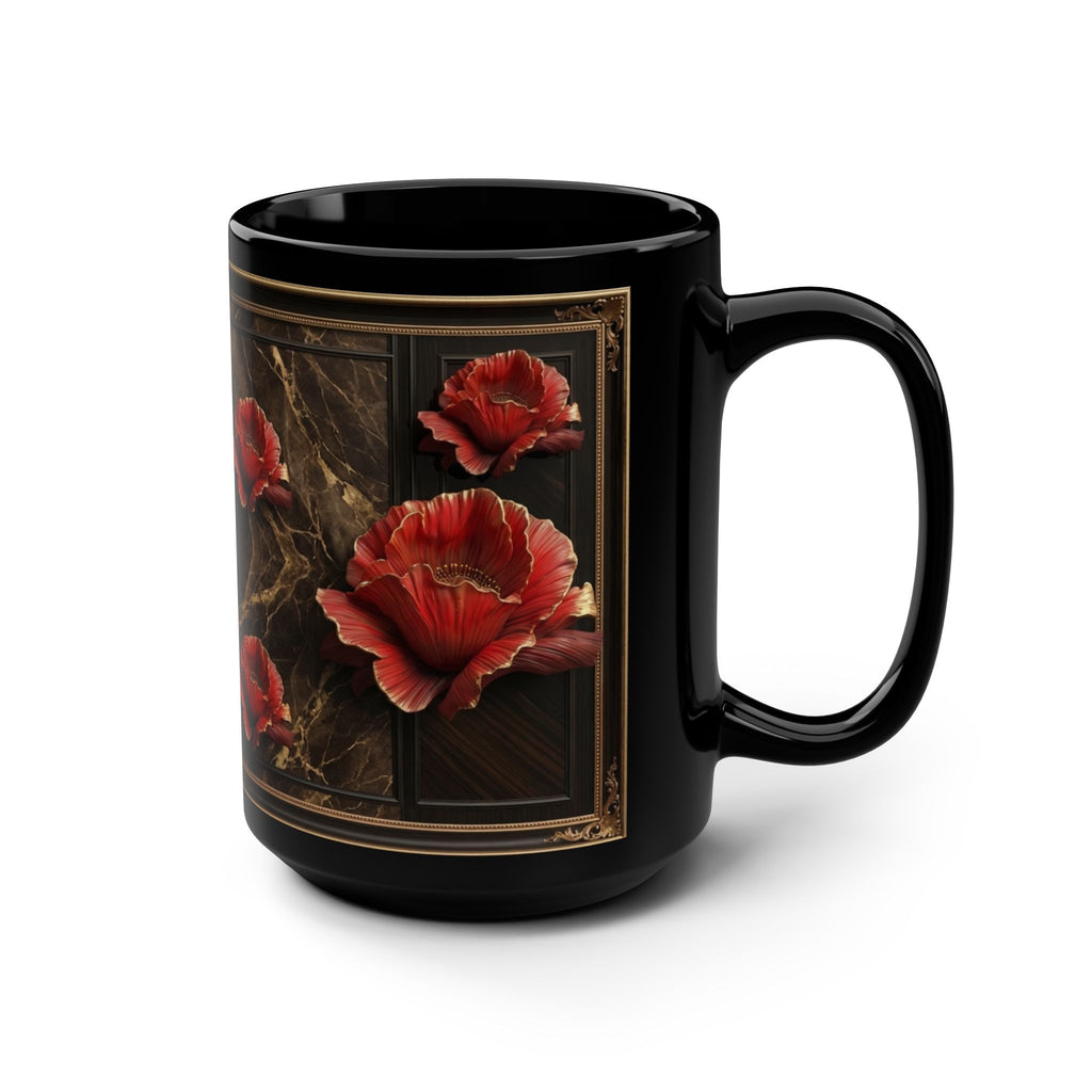 Red Poppy Floral Scroll Mug | Black 15oz