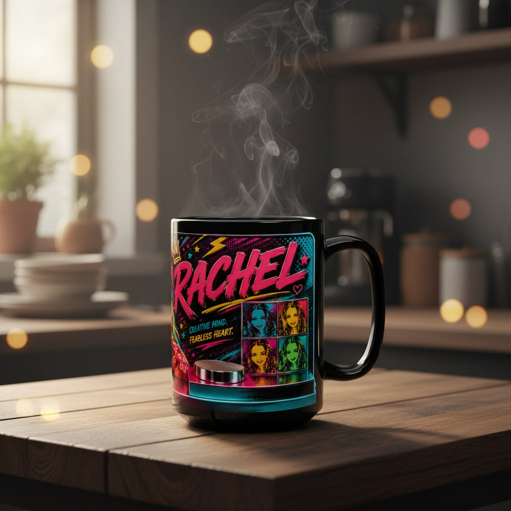 Personalized Neon Pop Photo Mug — Custom Name 'Rachel' 15oz Black Ceramic