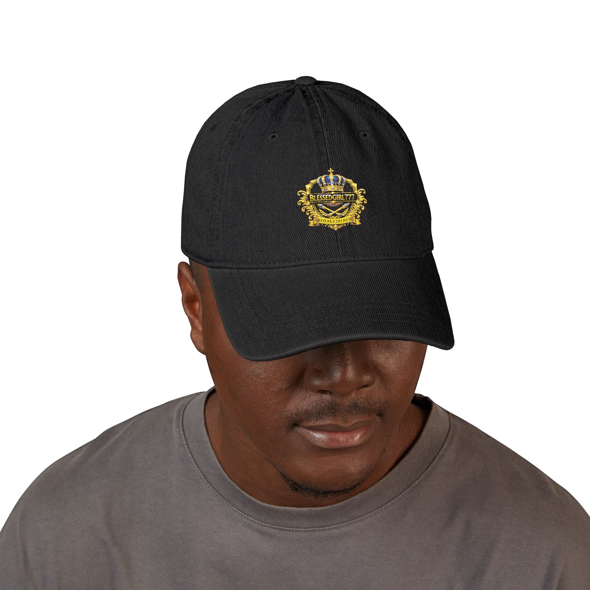 Embroidered Gold Crest Denim Hat — Vintage Royal Badge Baseball Cap