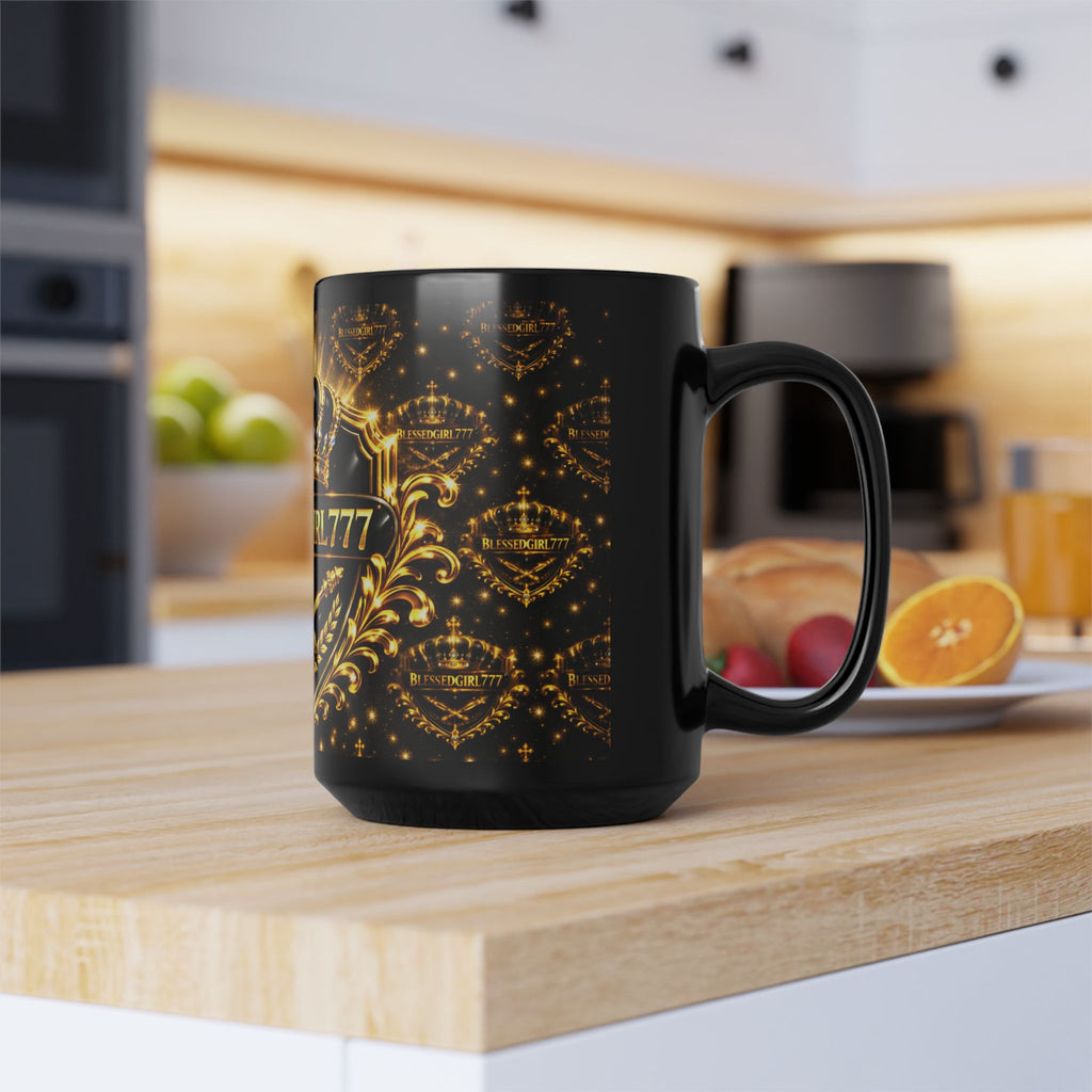 BlessedGirl777 Gold Crown Black Mug — 15oz Inspirational Coffee Cup