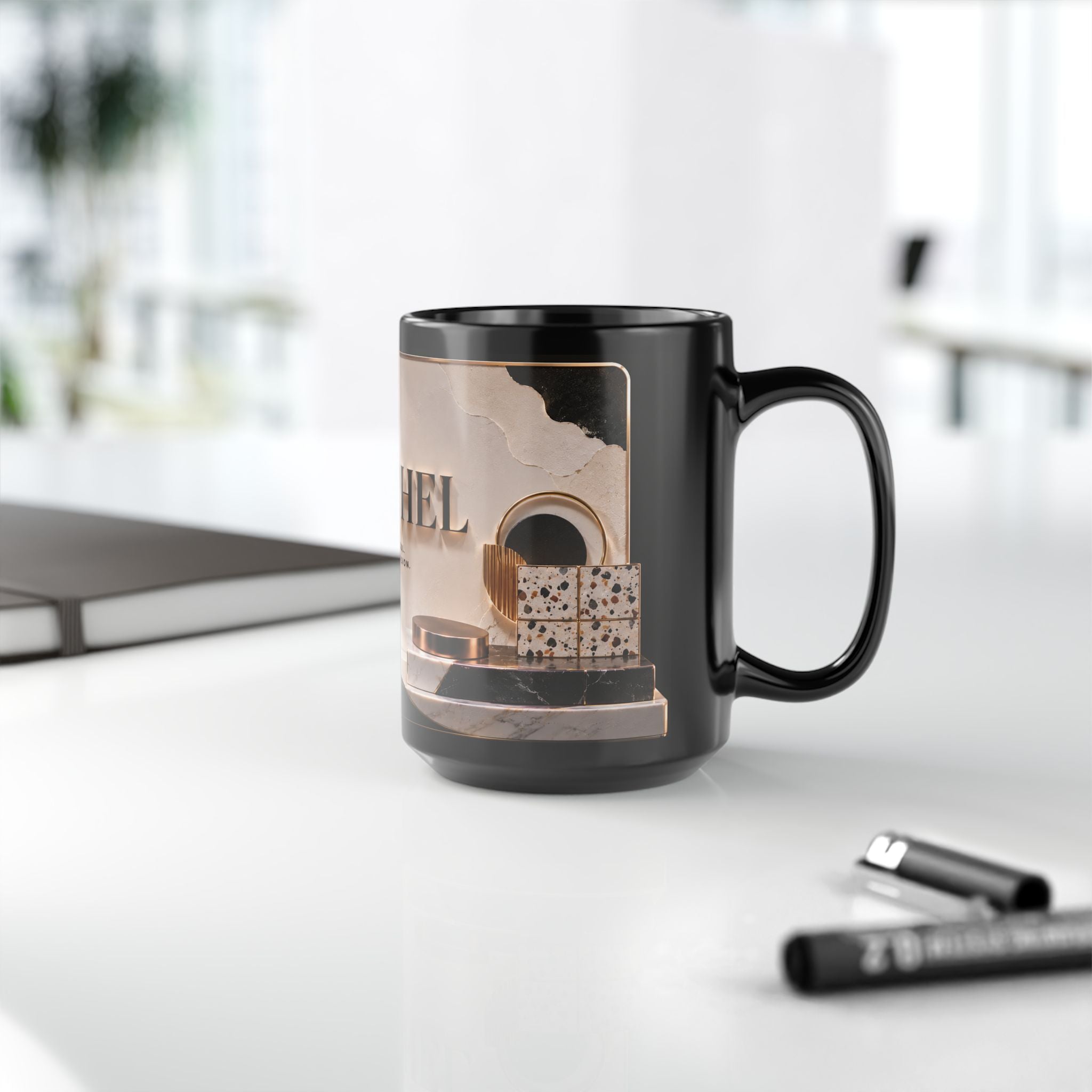 Personalized Black 15oz Mug — 'Rachel' Gold Monogram, Elegant Office Gift