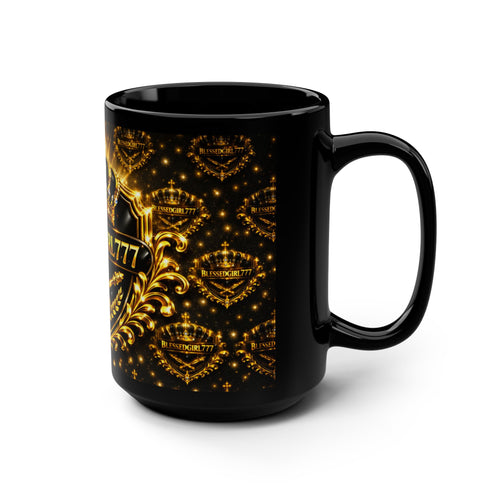 BlessedGirl777 Gold Crown Black Mug — 15oz Inspirational Coffee Cup