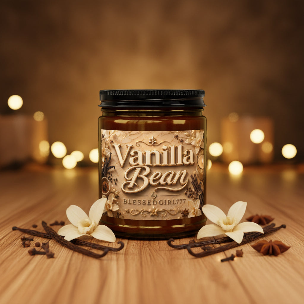 Spiced Vanilla Bean Scented Soy Candle — 4oz & 9oz Amber Jar with Black Lid