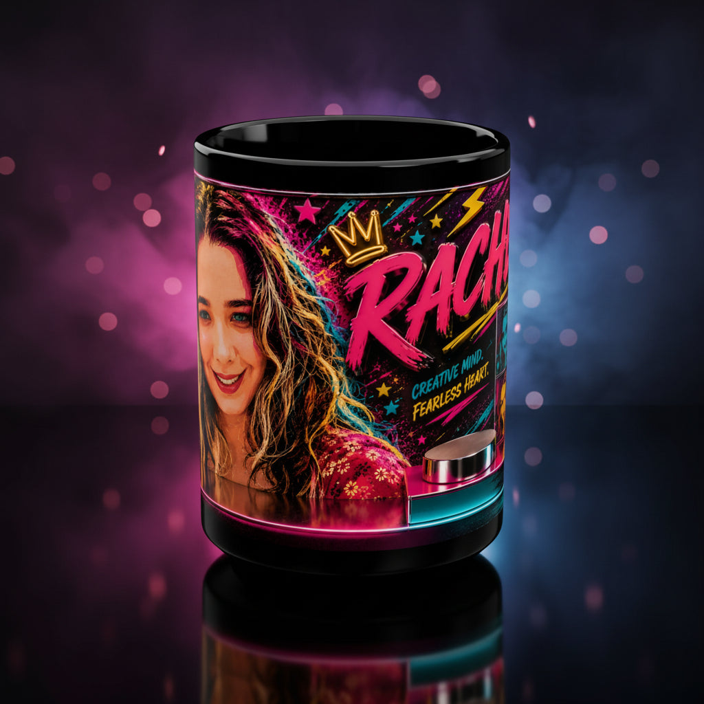 Personalized Neon Pop Photo Mug — Custom Name 'Rachel' 15oz Black Ceramic