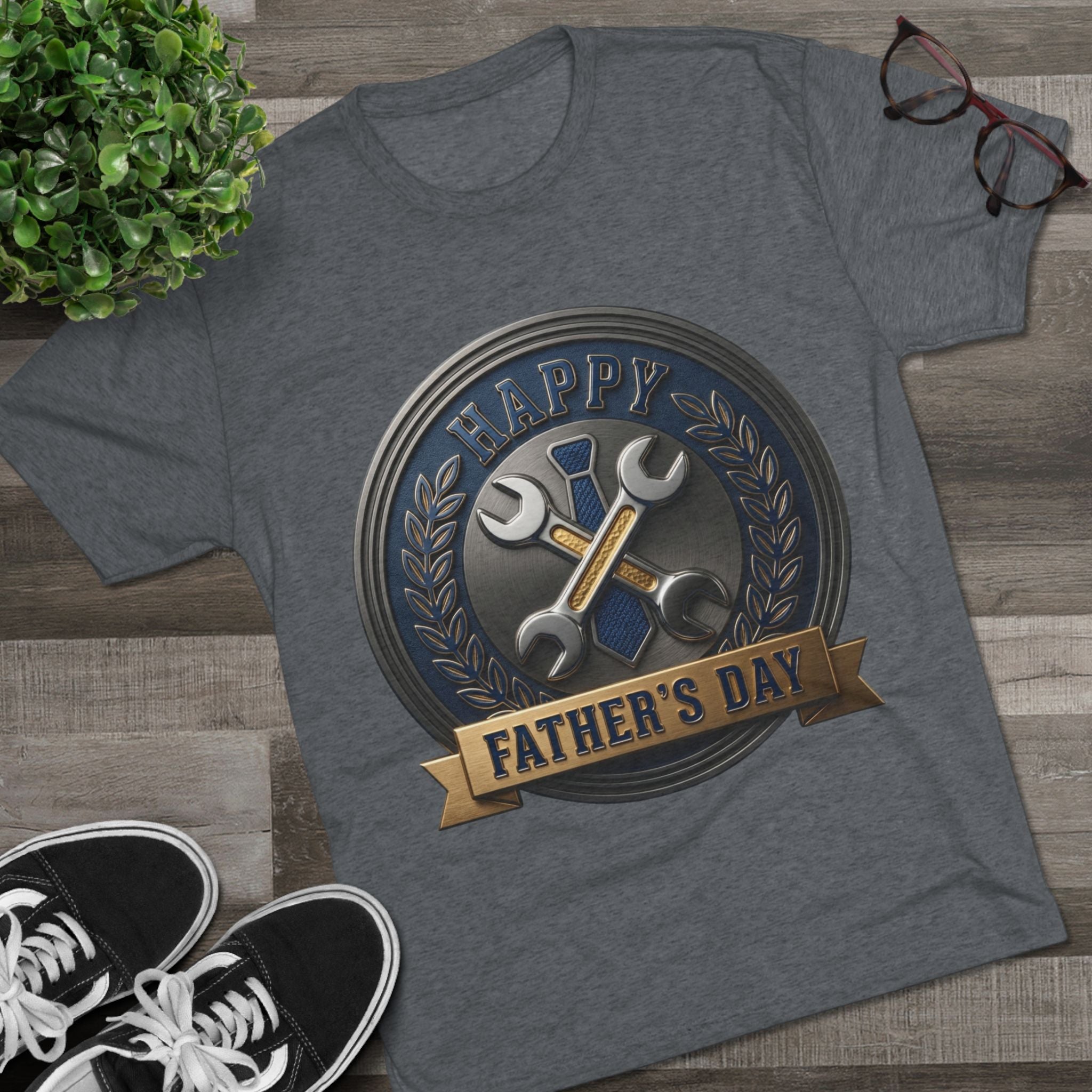 Father's Day Mechanics Badge Tee — Happy Father's Day Wrench & Hammer Crew Shirt