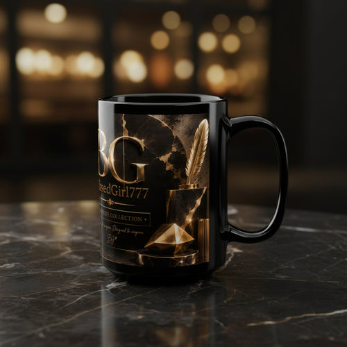 BlessedGirl777 Gold Emblem 15oz Black Mug
