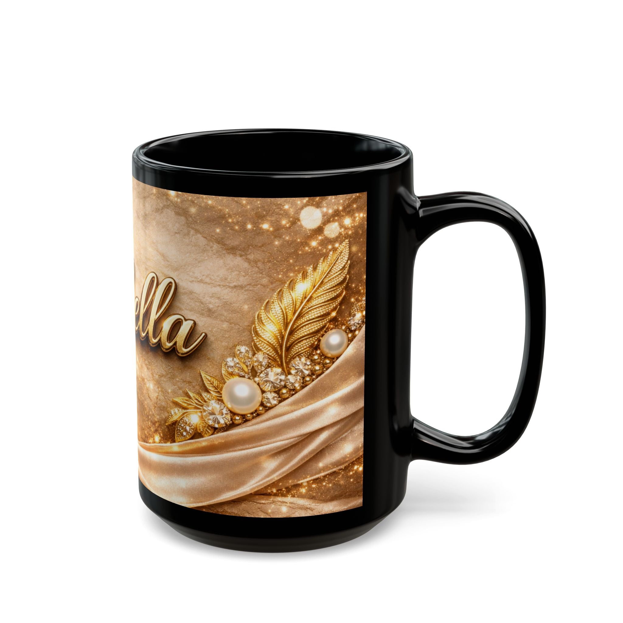 Personalized Gold Name Mug — "Isabella" Elegant Black Ceramic Coffee Cup