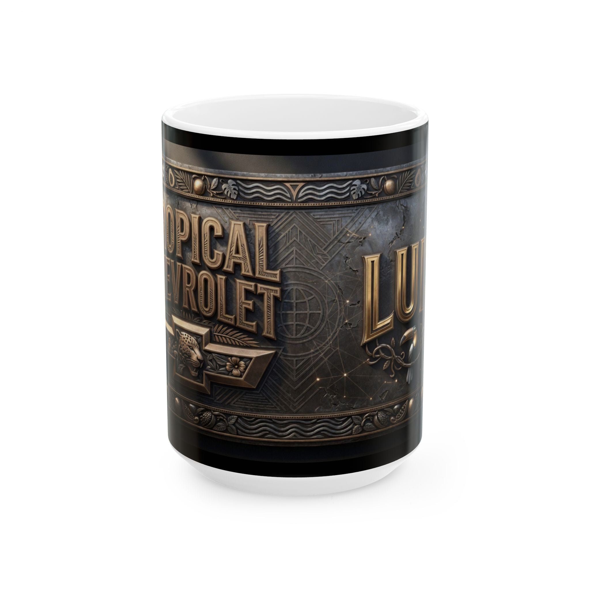 Vintage Brass Emblem Lucretia Mug | Steampunk Decorative Ceramic Mug