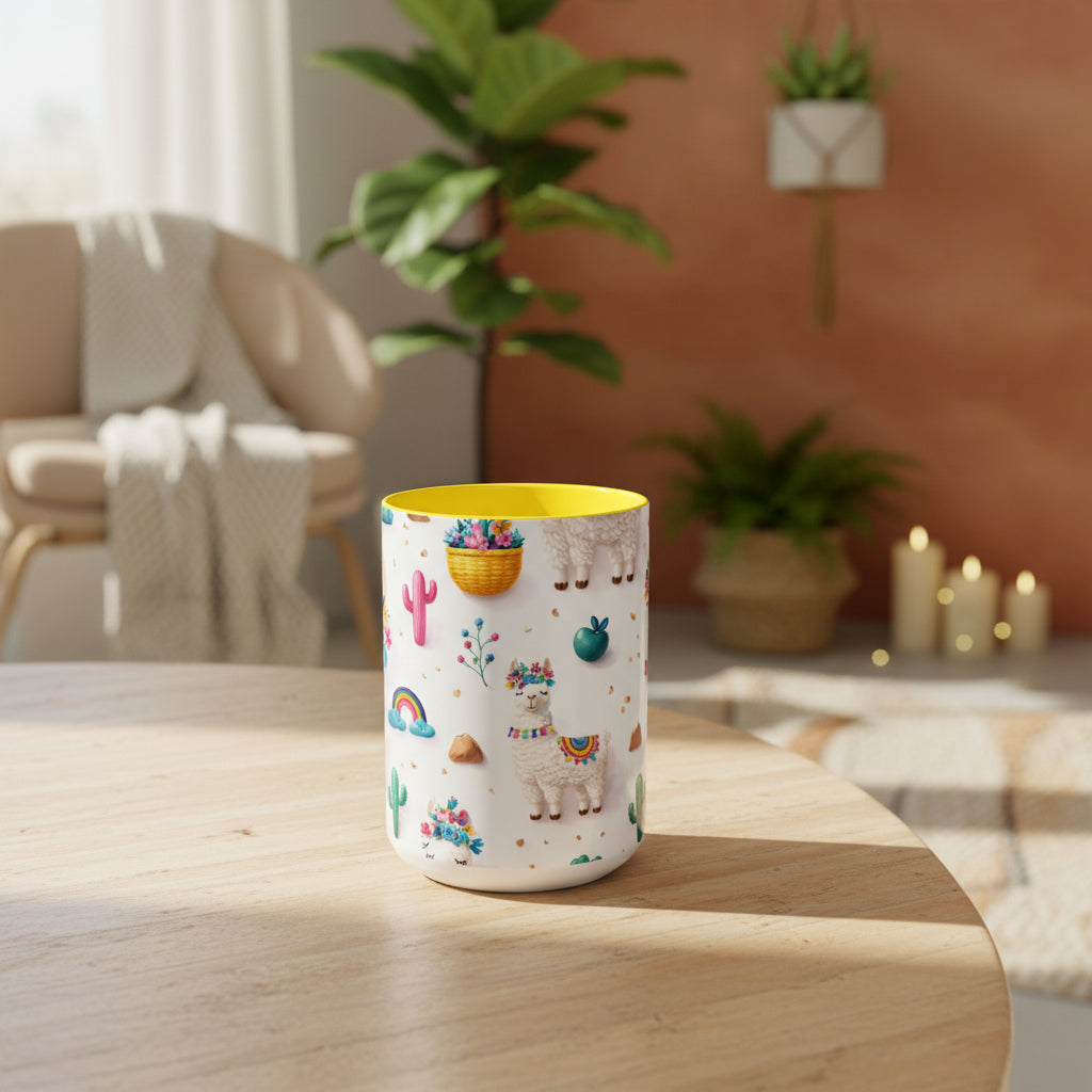 Cute Llama Pattern Accent Coffee Mug (11/15oz) – Colorful Fiesta Alpaca Design