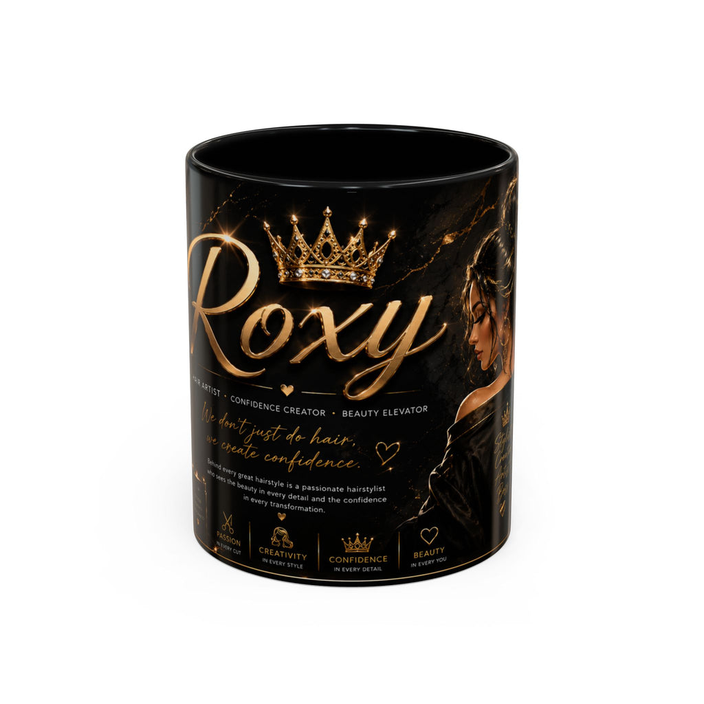 Personalized 'Roxy' Crown Coffee Mug — Elegant Black Gold Portrait Accent Mug (11/15oz)