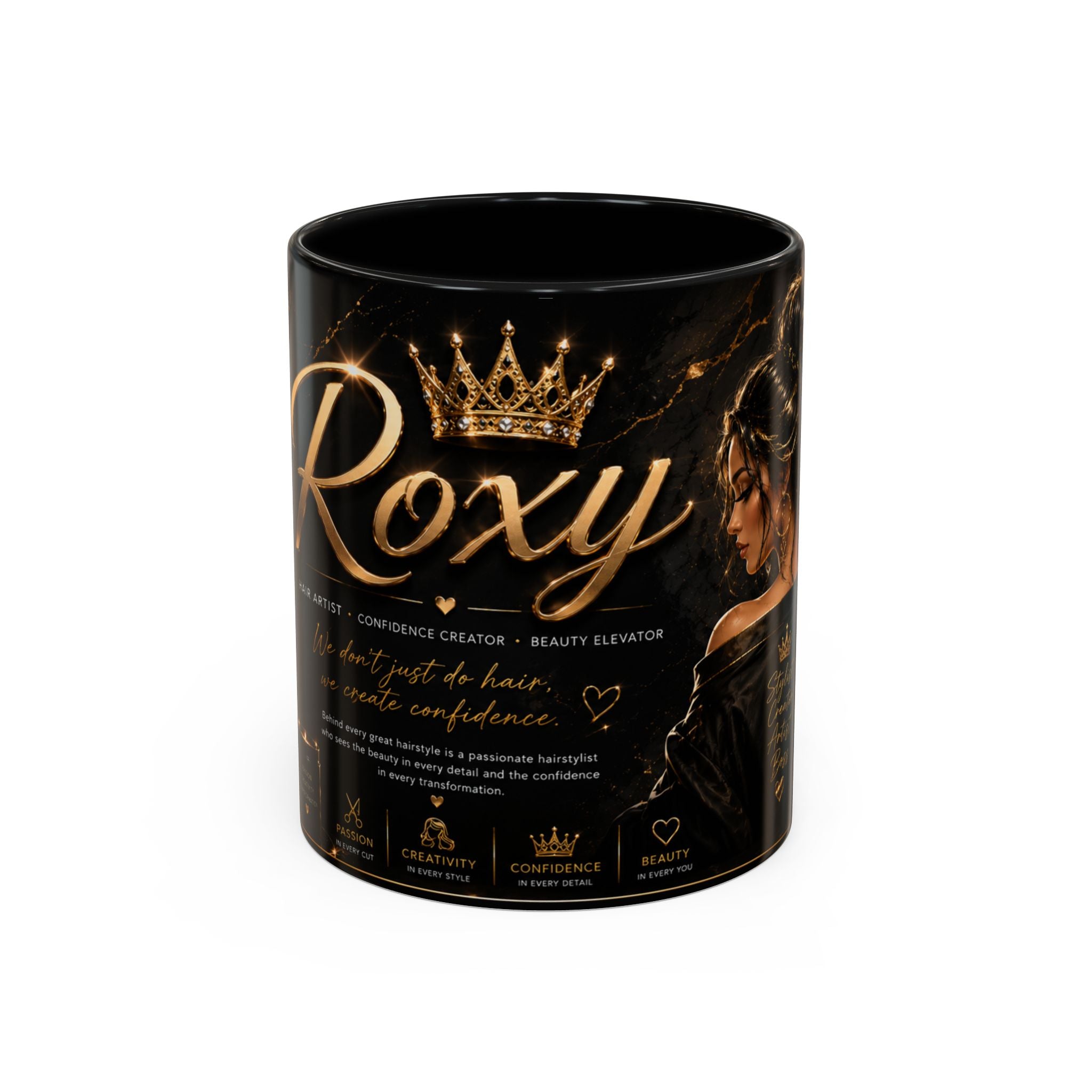 Personalized 'Roxy' Crown Coffee Mug — Elegant Black Gold Portrait Accent Mug (11/15oz)