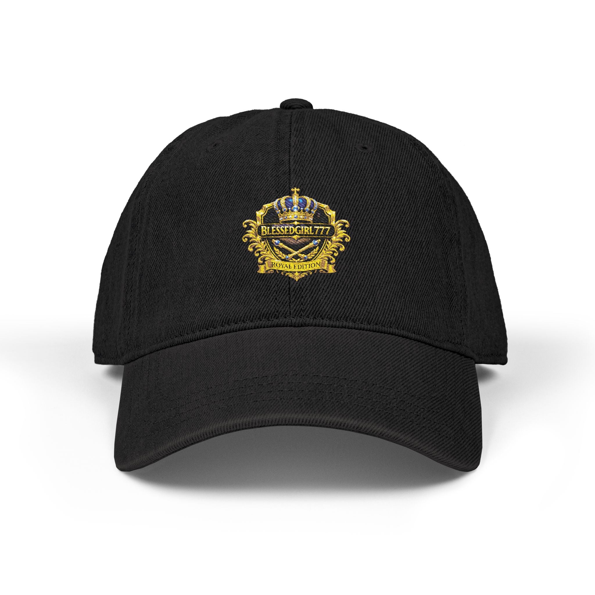 Embroidered Gold Crest Denim Hat — Vintage Royal Badge Baseball Cap