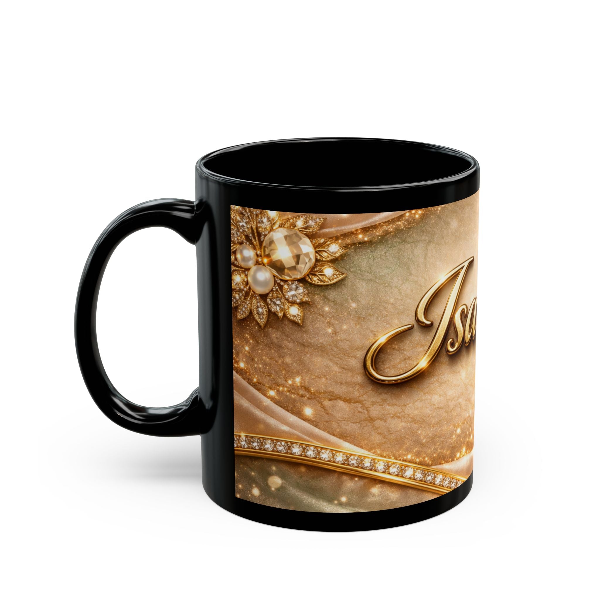 Personalized Gold Name Mug — "Isabella" Elegant Black Ceramic Coffee Cup