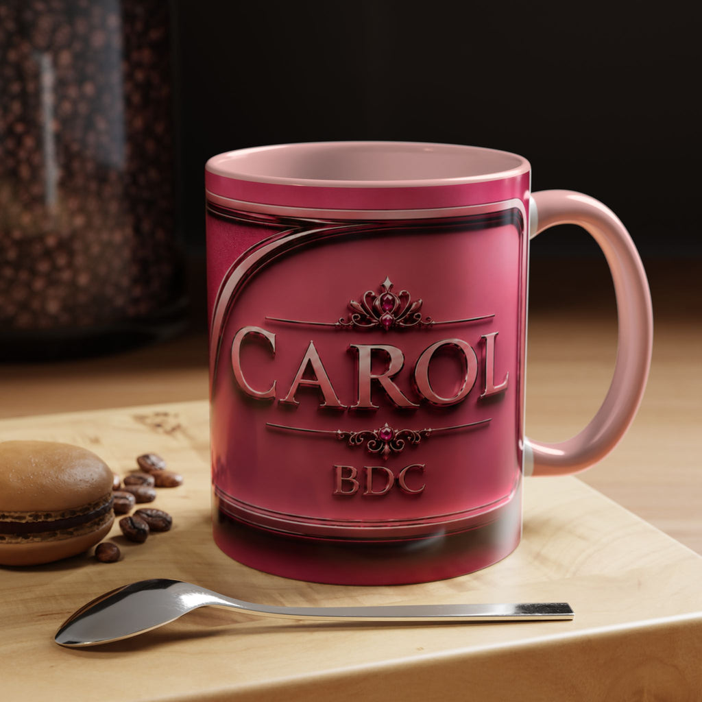Personalized Pink Embossed Name Coffee Mug — "Carol" Accent Ceramic Mug (11/15oz)