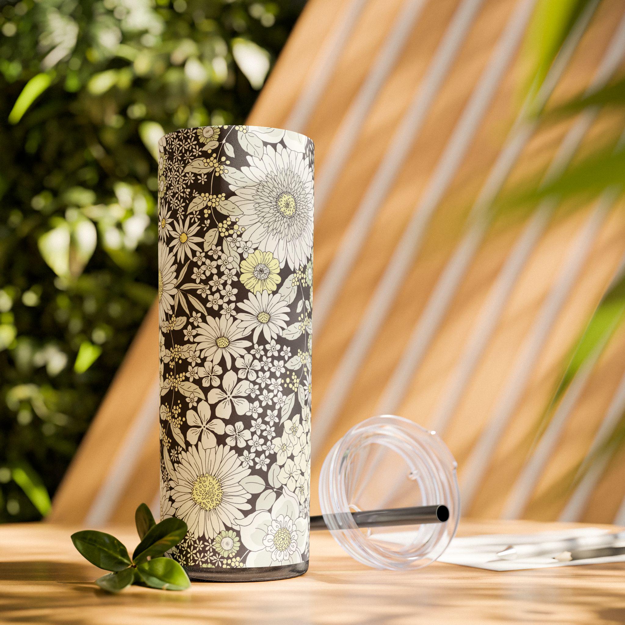 Vaso Térmico Skinny 20oz Floral - Tumbler de Acero Inoxidable con Pitillo, Regalo Botánico para Mujer, Vaso Estético para Café Helado