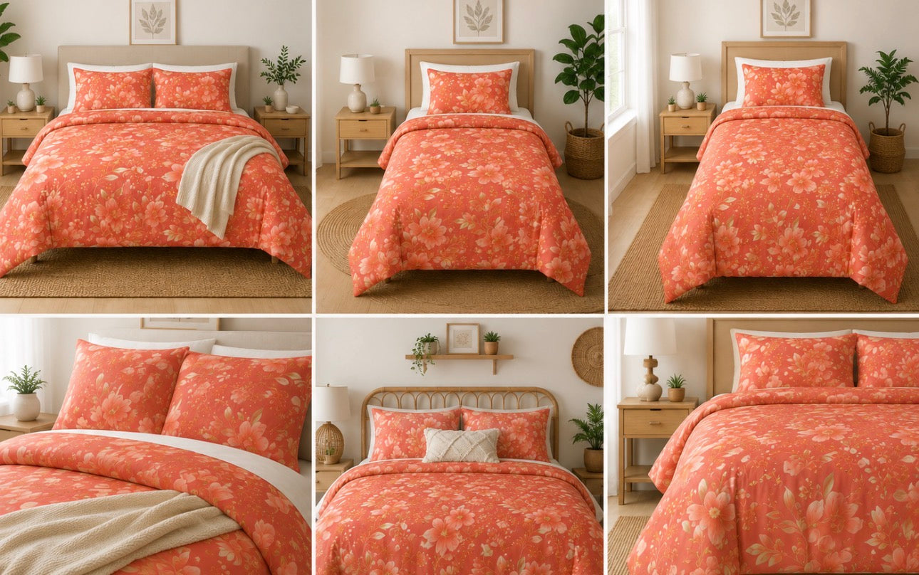 Floral Cotton Duvet Cover Set — Coral Vintage Blossom Bedding
