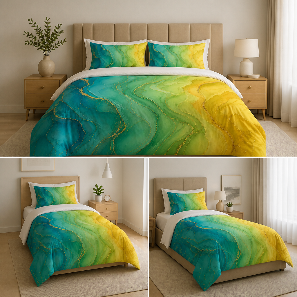 Aqua Sunrise Cotton Bed Set - Ocean Teal & Sunshine Yellow Marble Duvet Cover
