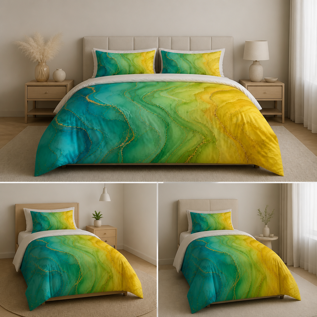 Aqua Sunrise Cotton Bed Set - Ocean Teal & Sunshine Yellow Marble Duvet Cover