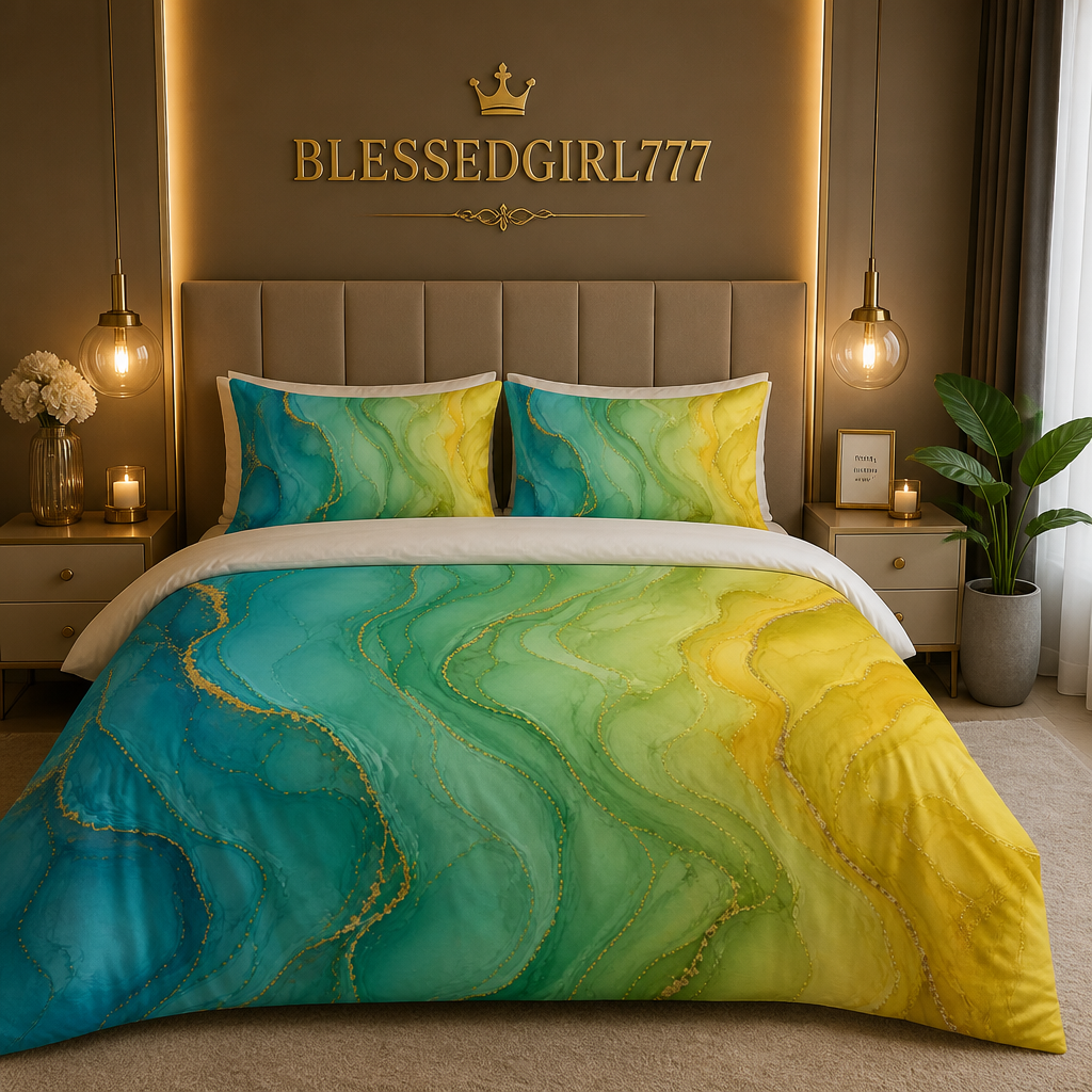 Aqua Sunrise Cotton Bed Set - Ocean Teal & Sunshine Yellow Marble Duvet Cover