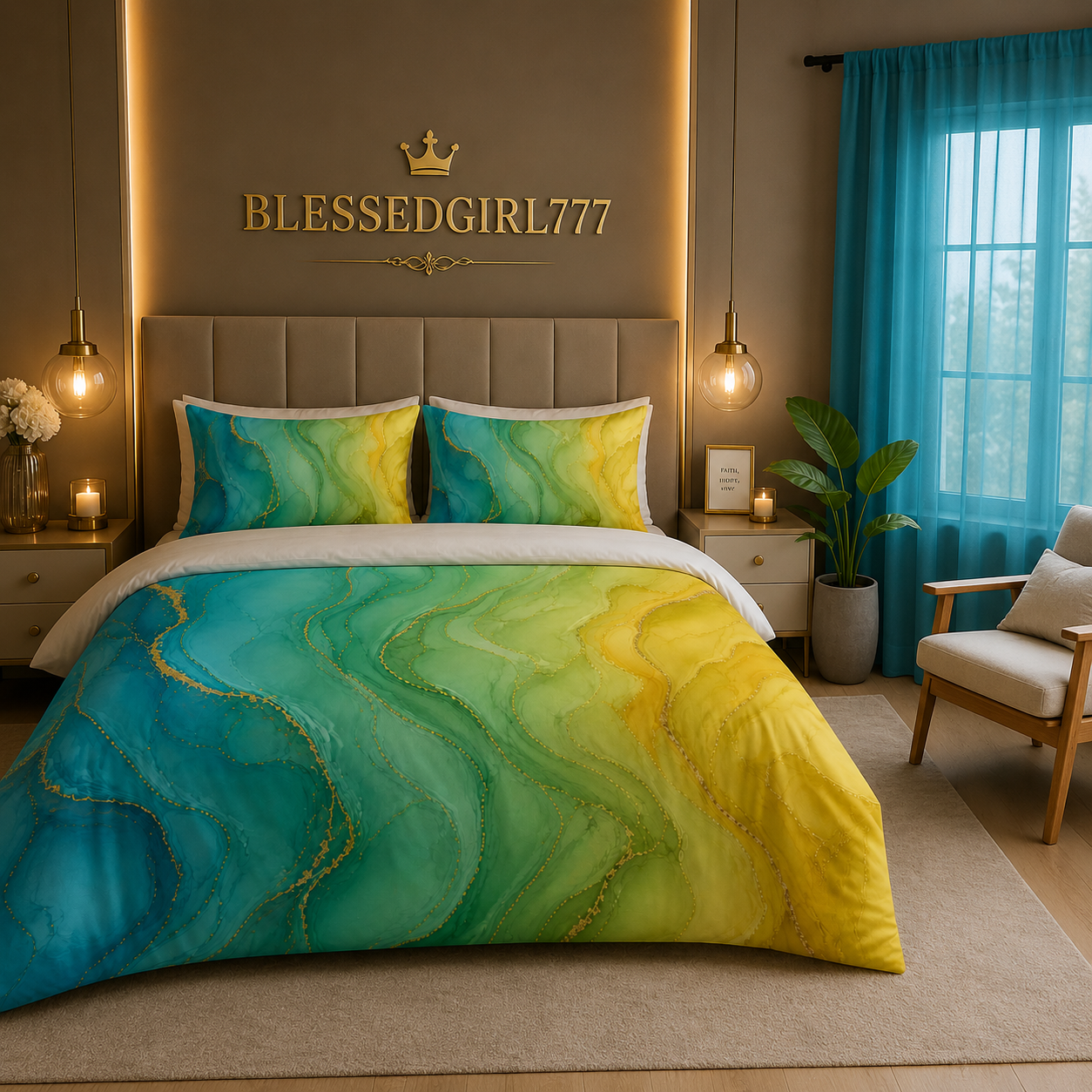 Aqua Sunrise Cotton Bed Set - Ocean Teal & Sunshine Yellow Marble Duvet Cover