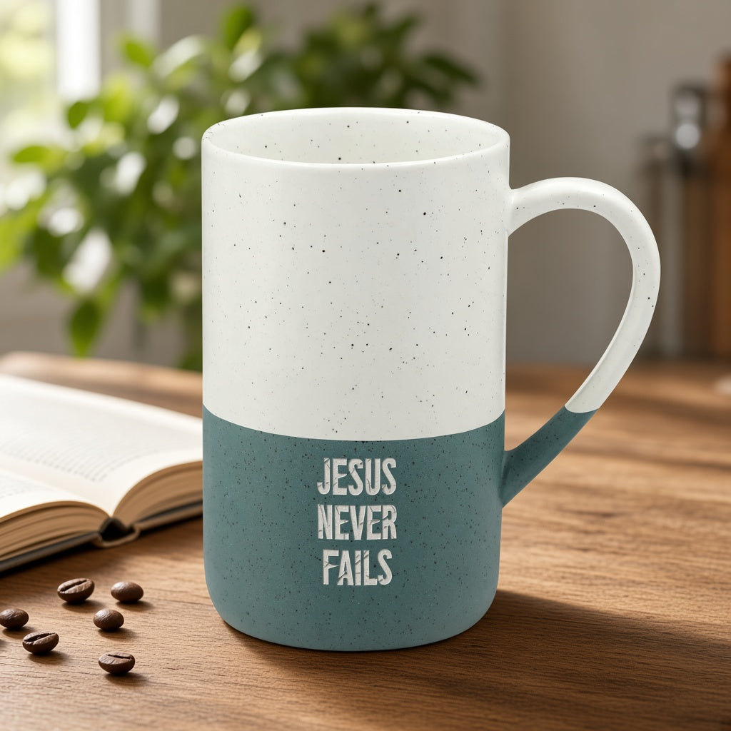 Speckled Ceramic Mug (13oz) – "Jesus Never Fails" Engraved Inspirational Coffee Cup