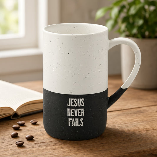 Speckled Ceramic Mug (13oz) – "Jesus Never Fails" Engraved Inspirational Coffee Cup
