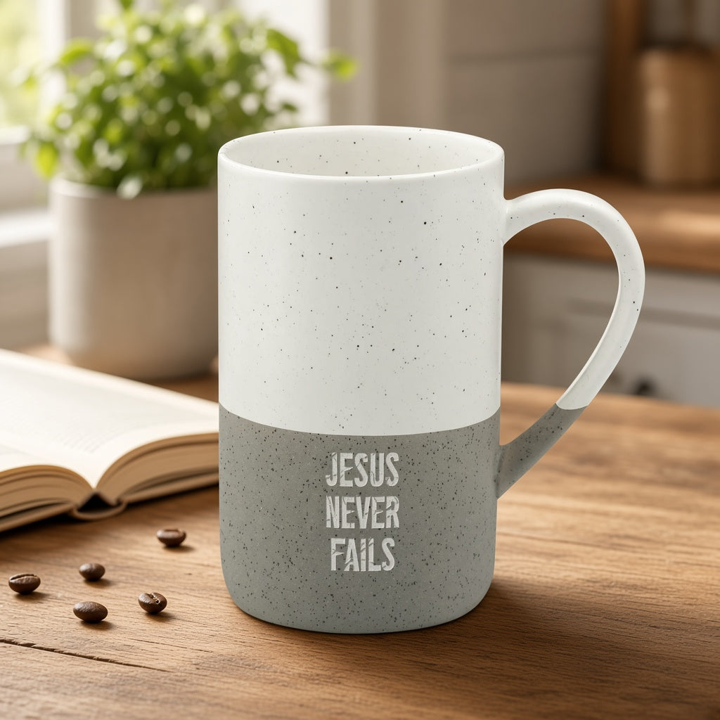 Speckled Ceramic Mug (13oz) – "Jesus Never Fails" Engraved Inspirational Coffee Cup