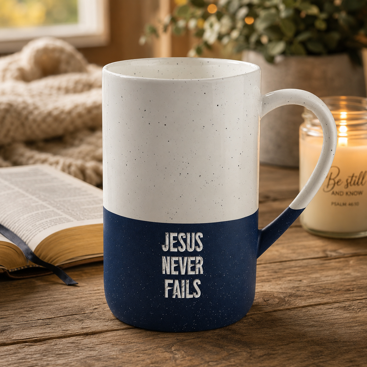 Speckled Ceramic Mug (13oz) – "Jesus Never Fails" Engraved Inspirational Coffee Cup