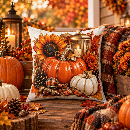 Fall Pumpkin Throw Pillow – Sunflower & Lantern, 16 × 16