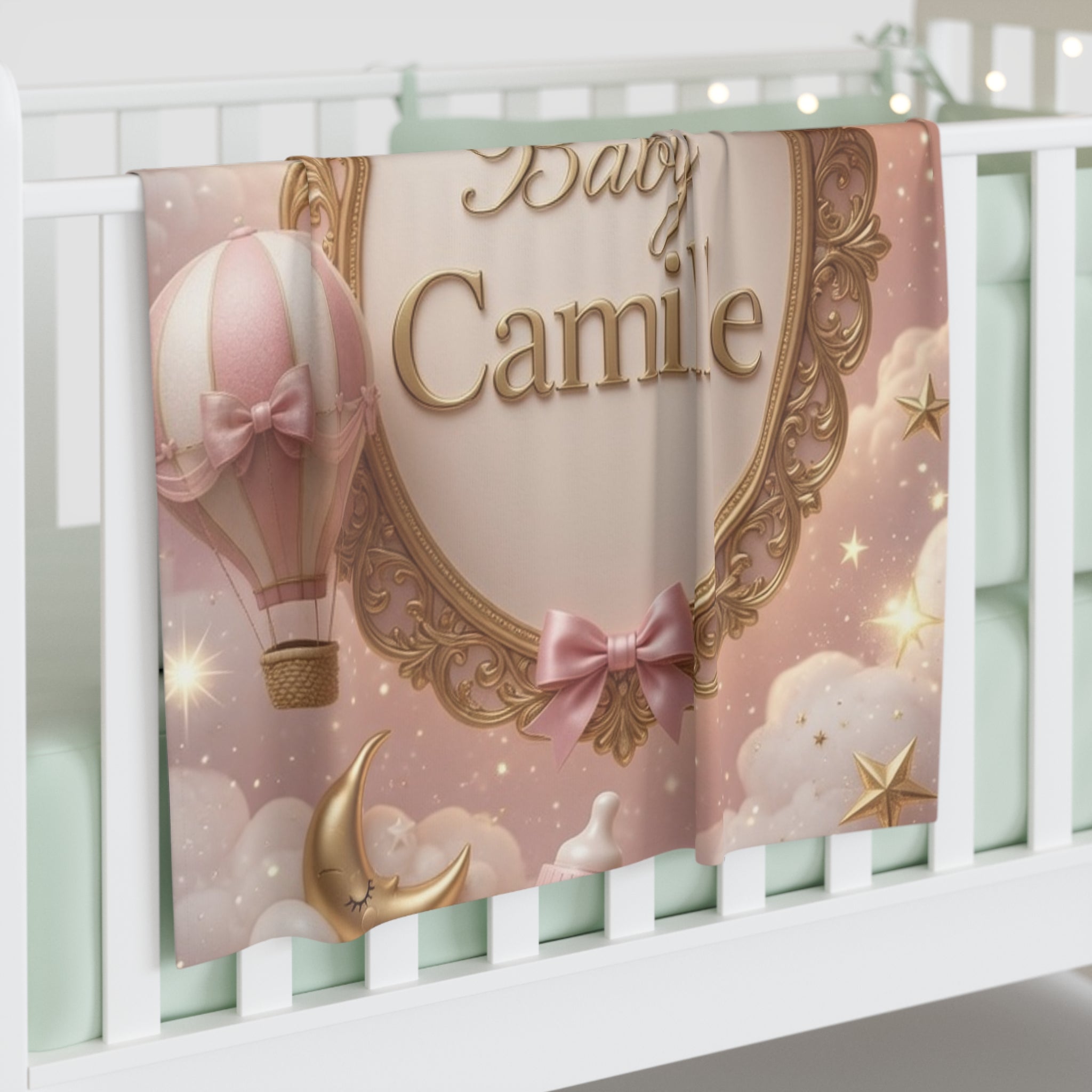 Personalized Pink Princess Baby Swaddle Blanket – "Baby Camille" Newborn Keepsake
