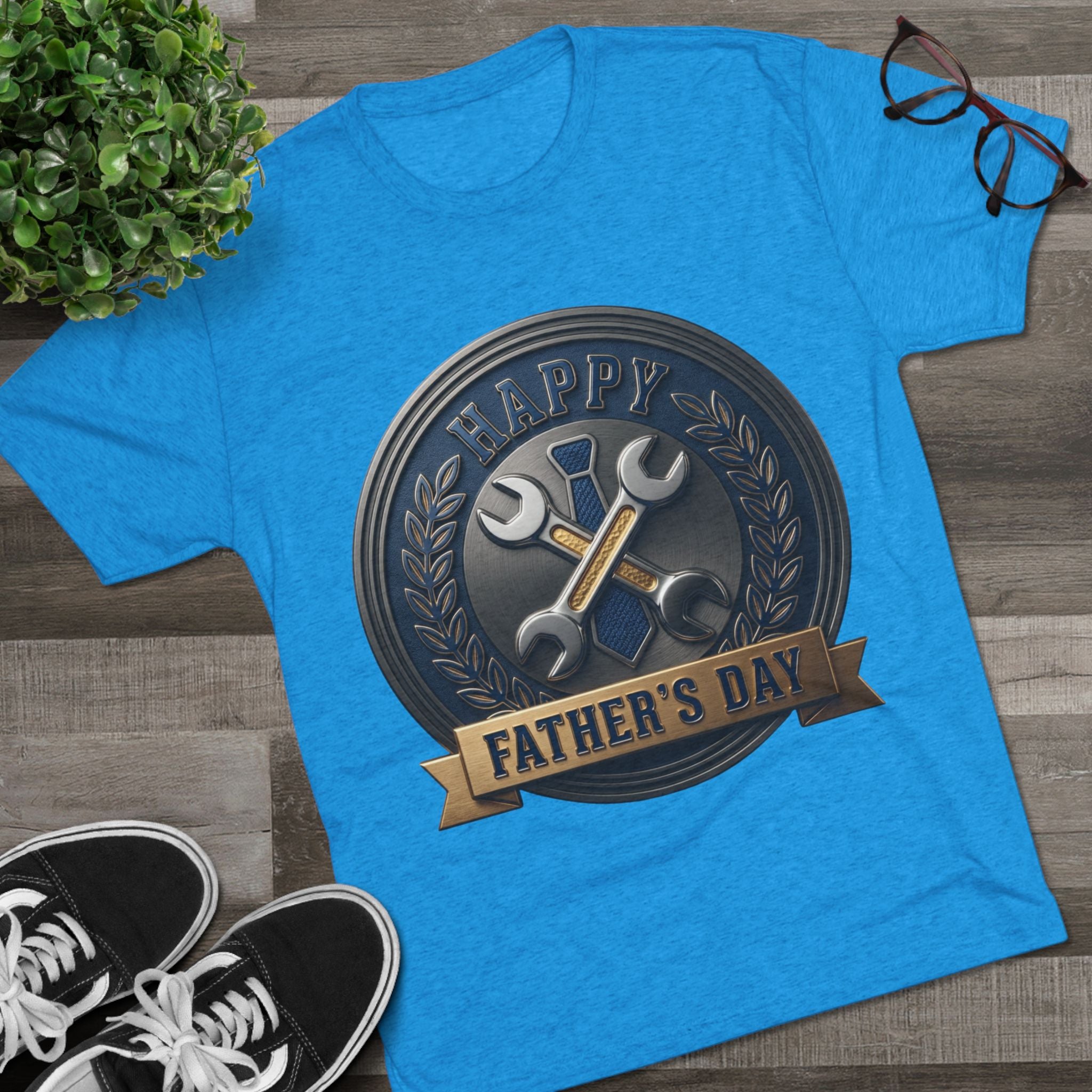Father's Day Mechanics Badge Tee — Happy Father's Day Wrench & Hammer Crew Shirt