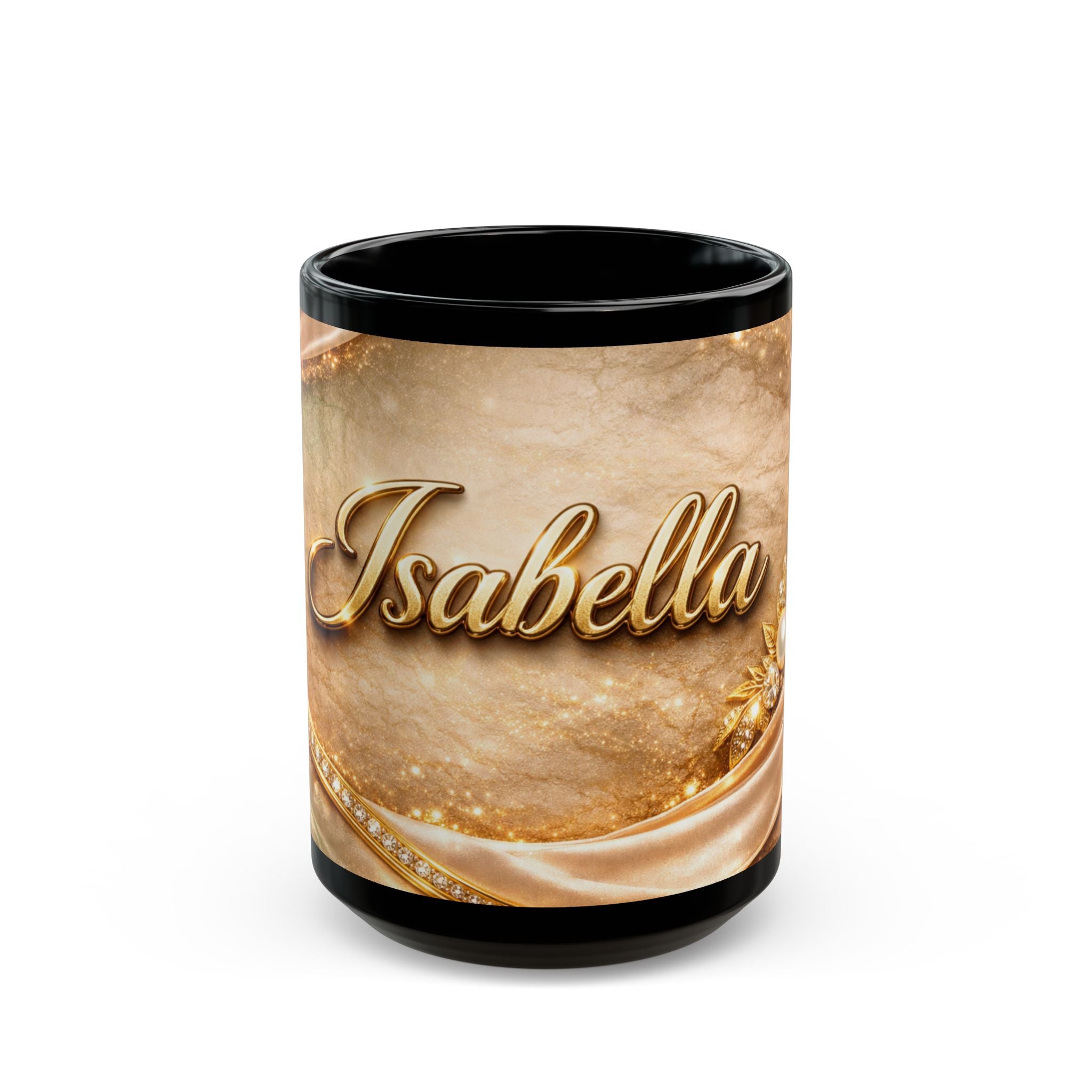 Personalized Gold Name Mug — "Isabella" Elegant Black Ceramic Coffee Cup