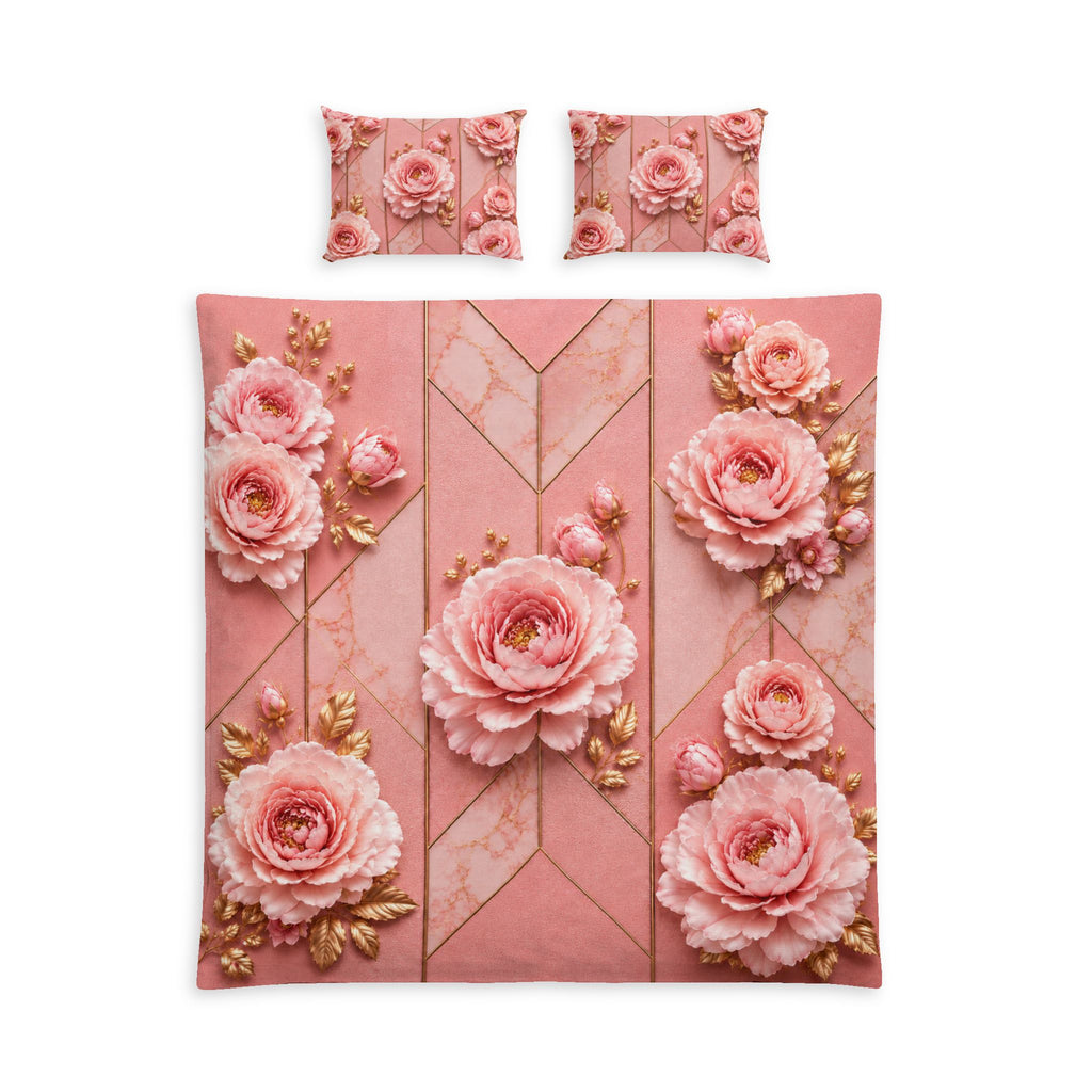 Pink Floral Cotton Bed Set – 3D Rose Duvet Cover & Pillowcases