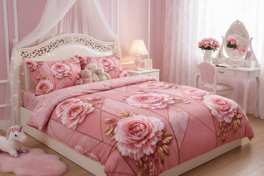 Pink Floral Cotton Bed Set – 3D Rose Duvet Cover & Pillowcases