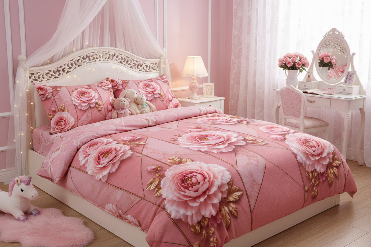 Pink Floral Cotton Bed Set – 3D Rose Duvet Cover & Pillowcases